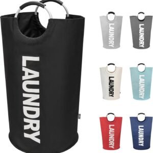 DOKEHOM 90L Large Laundry Basket, Collapsible Laundry Bag, Freestanding Tall Clothes Hamper, Foldable Washing Bin (Black)
