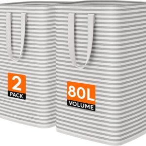 Lifewit 2 Pack Laundry Basket 80L Each, Collapsible Clothes Hamper with Reinforced Handles, Freestanding Waterproof Design for Bedroom and Laundry Room, Grey 160L Total